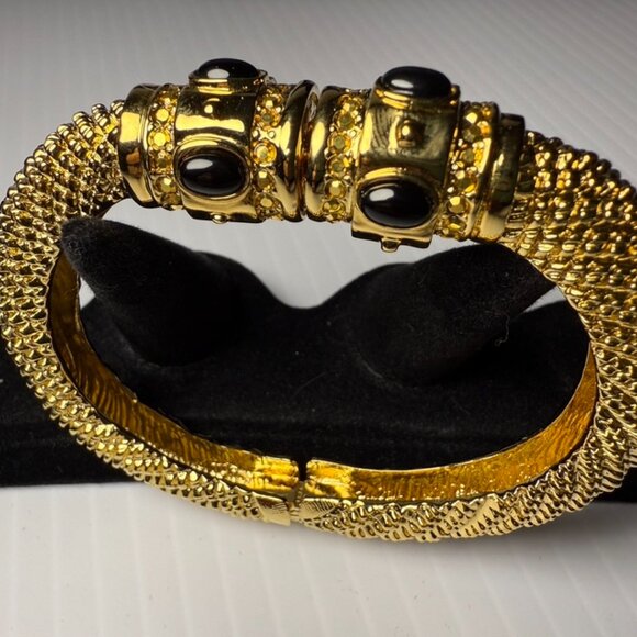 St. John Jewelry - Vintage St. John Gold tone Black Onyx Bangle Clamper Bracelet 2.5 '' wide